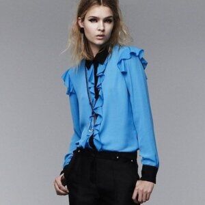 Prabal Gurung For Target Brilliant Blue Ruffle Shirt with Black Collar and Cuffs